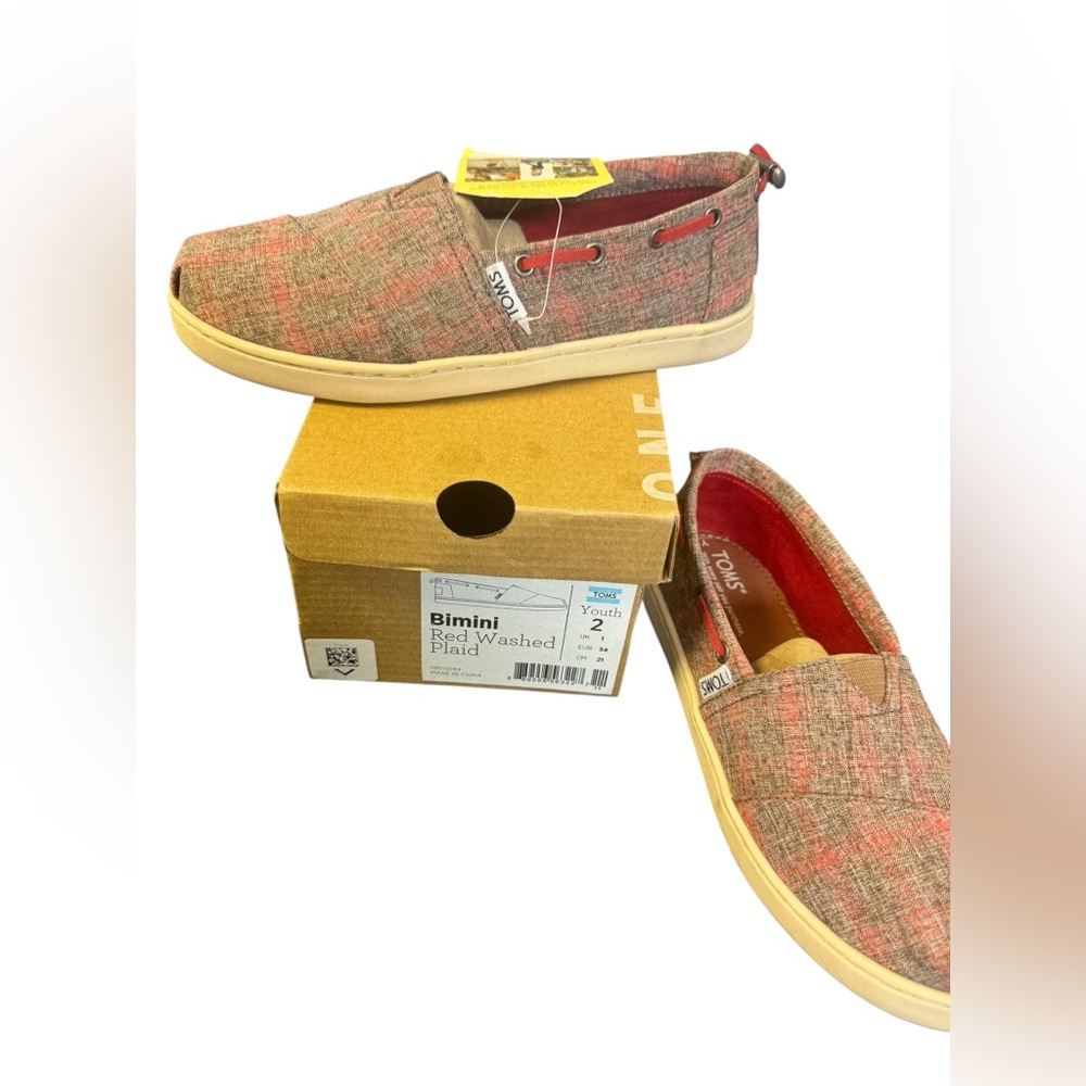 TOMS Youth Red Plaid Bimini Slip-Ons